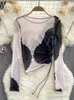 Женская футболка Hikigawa Chic Fashion Women Tops Tops Tie Dye Thin Mesh с длинным рукавом T Рубашки летние плиссированные боковые шнурки дизайн блузки Top Mujer T220923