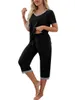 Женские брюки женская лаундж пижам наборы с коротким рукавом V -шейки и повседневная укороченная одежда для одежды для сна.