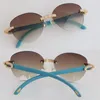 Selling Large Round Luxury Diamond Set Rimless Sunglasses Womans Designer Blue Wood Men Famous 3524012 Design Classical Model Wooden Sun Glasses Eyewear lunettes