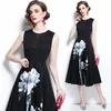 Casual Dresses 2022 Designer Runway Summer Dress Women O-Neck Fashion Sleeveless High midjeblommigt tryck Black Elegant ol Midi S9892