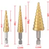 3PCS/SET HSS Titanium Coated Step Bits Wierience Elektryczne narzędzia metalowe stalowe stalowe drewniane stożki stożkowe ćwiczenia stożkowe z torbą