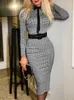 Sukienki swobodne jesienne zima moda kwiat nadruk bodycon midi sukienka kobiet Lapel długi rękaw z paskiem swobodne eleganckie przyjęcie biurowe Slim Sukienki Y2209