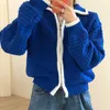 Women's Sweaters Lapel Zip Sweater Jacket Blue Waffle Cropped Cardigan 2022 Autumn Winter Clothes Women Twist Knitted Sweater Pull Casual Puff T220925