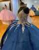 2023 Blue Quinceanera Dresses With Gold Lace Applique Sparkly Ball Gown Spaghetti Straps Sweet 16 Birthday Party Prom Formal Evening Wear Vestidos 403 403