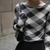 レディースTシャツ女性Tシャツファッションネットガーゼ格子縞のプリント長袖2022 1ワードカラーボトムシャツトップP6 1044