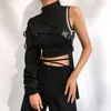 Tanques de mujer Mujeres Sexy Un hombro Reflectante Crop Tops Gargantilla Hebilla ajustable Cubrir Chaleco de corte irregular Se encoge de hombros Clubwear