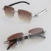 Modell: Handgefertigte Luxus-Sonnenbrille mit Diamantbesatz, randlose Damen-Sonnenbrille, innen weiß, schwarzes Büffelhorn, Herren 3524012, geschnitzte Linse, Sonnenbrille für Herren und Damen, 18 Karat Gold, Größe 58