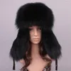 Bérets Chapeau de fourrure russe Ushanka Chapeaux d'hiver en cuir de véritable raton laveur Argent Cosaque Neige avec oreillettes H211
