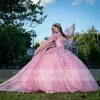 Vestido de bola rosa princesa vestidos quinceanera com capa curto de shouder apliques miçangas doces 16 vestidos vestidos de 15 anos