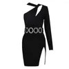 Casual Dresses Sexy Black Bodycon Bandage For Women 2022 Choker One Shoulder Diamonds Sashes Mini Celebrity Evening Club Party Dress
