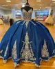 2023 Vestidos azuis quinceanera com apliques de renda dourada, vestido de baile brilhante, tiras de espaguete de swee