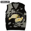 Men's Sweaters Harajuku retro cartoon anime knitted sweater vest women's duck oversized thick sweater back heartbeat line pullover grandpa ugly 220926