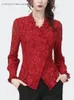 Kvinnors blusar skjortor Fashion Hollow Out Women Red Lace Top V-ringning Slim Ruffled kn￤ppt ner broderad blommig v￥r sommarkontorblus 220923