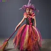 Occasions spéciales Costume d'Halloween de sorcière maléfique pour filles robe de tutu magique couleur avec chapeau et balai kids cosplay carnaval fête sophoze robes 220922