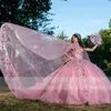 Vestido de bola rosa princesa vestidos quinceanera com capa curto de shouder apliques miçangas doces 16 vestidos vestidos de 15 anos