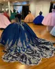 2023 Blue Quinceanera Dresses With Gold Lace Applique Sparkly Ball Gown Spaghetti Straps Sweet 16 Birthday Party Prom Formal Evening Wear Vestidos 403 403