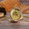 Pocket Watches Luxury Yellow Golden Double Mechanical Hand Wind Watch For Men Women Hollow Elk Case Pendant Necklace Chain Gift