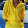 القمصان البلوزات النسائية غير العادية Womem Summer Tracksuit Shorts من قطعتين مجموعة صالة ارتداء قميص قصير الأكمام وملابس قصيرة للملابس المنزلية 220923