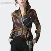 Женские блузкие рубашки Fashion Vintage Women Printed Рубашка атласные топы лето с длинным рукавом