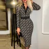 Casual Dresses Fashion Print V-Neck Slim Midi Dress Women Elegant Long Sleeve Autumn Vestidos 2022 Spring New Casual Belt Bodycon Party Dresses T220905