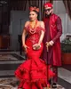 Вечеринка роскошные красные перья Aso ebi Вечерние платья женские рукава рукава милая русалка плюс размер.