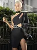 Casual Dresses Sexy Black Bodycon Bandage For Women 2022 Choker One Shoulder Diamonds Sashes Mini Celebrity Evening Club Party Dress