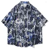 Men's Casual Shirts Mens Oversize Hawaii Short Sleeve 22SS Unisex Harajuku Tie Dying Letters Print Turn-Down Collar Women Blouse Tropica