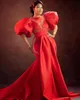 Robes de soirée grande taille rouge Aso Ebi robes de bal en forme de sirène manches bouffantes avec train femmes robes de soirée sur mesure pure perlée 220923