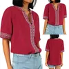 Blusies femininas 2022 Mulheres Summer Summer Jumper Ethnic Bordery Stitching Blouse Casual de Half Sleeves de Gola