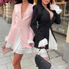 Casual Dresses Lady Design Fake Two Ruffle Dress Spring Sexig V-ringning Långärmning A-Line Vestidos Autumn Women Casual Solid Party Dresses Y2209