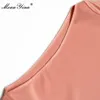 Casual Dresses MoaaYina Fashion Designer Summer Skirts Suit Women's Pink Loose Pullover Tops and Slim Midi Stripe Two Pieces Set 220923