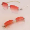 Original White Genuine Natural Buffalo Horn Rimless Sunglasses Womans 3524012 Moissanite Diamond Set Glasses Men Square Sun Glasses Male and Female 18K Gold