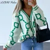 Cardigã de suéteres femininos para mulheres verdes listradas rosa botões de malha Lady Cardigans Sweaters V V-deco