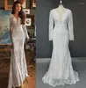 Wedding Dress V-Neck Sexy Long Sleeve Mermaid Sweep Train Lace Elegant Bohemian Boho Open Back Bridal Gown