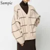 Kvinnors tröjor Sampic 2021 Plaid Brown Cardigans Kvinnor Vintage Y2K Fashion Löst överdimensionerad kappa Pull Knittad Casual tröja Kvinnliga toppar Vinter T220925