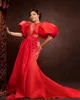 Robes de soirée grande taille rouge Aso Ebi robes de bal en forme de sirène manches bouffantes avec train femmes robes de soirée sur mesure pure perlée 220923