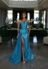 Shiny Blue Split Prom Dresses One Shoulder Beading Sequined Evening Gowns Tulle Pageant Party Dress