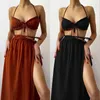 Women's Swimwear Women's Tunic Soild Bandage Sexy Three Pieces Swimsuits Cotton Micro Triangle Halter Bikini Set 2022 Beach Holiday