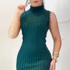 Casual Dresses 2022 New Fashion Elegant Women High Neck Studded Decor Ribbed Sleeveless Green Sexy Bodycon Dress Corset Party Wear Robes Female Y2209