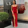 Casual Dresses Elegant High Slit Slip Dress Red Black Party Long Dresses Women 2022 Spring Bodycon Lace Up Stretch Midi Dresses Femme 20314 Y2209