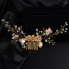 Headpieces Gold Crystal Rhinestone Flower Leaf Wedding Hair Comb Headband Handmade Pearl Bridal Headdress Party Accessories
