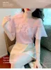 Women's Blouses 2022 Summer Three-Dimensional Beaded Flower Satin Shirt Women Chic Short Sleeve Top Sweet Purple Pink