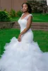 Plus Size Mermaid Wedding Dress Beading Sheer Deep V Neck Backless Corset Ruffles Tulle Garden Bridal Gown 403