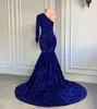 Party Dresses Long Sparkly Prom Dress One Shoulder Royal Blue Sequin Mermaid Style Black Girls Prom Party Gowns Real Picture 220923