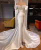 Pearls Crystal Mermaid Wedding Dresses With Long Sleeves Off Shoulder Vintage Satin Bridal Gowns Arabic Aso Ebi Sexy Split Second Reception Dress CL1173