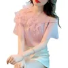 Women's Blouses 2022 Summer Three-Dimensional Beaded Flower Satin Shirt Women Chic Short Sleeve Top Sweet Purple Pink