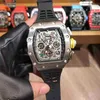 Luxury Mens Mechanical Watch Full-Feachured Automatic Quality Hollow Glass Case rostfritt stål svart gummi Swiss Movement Arm Kzrw