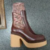 Jamie Socks Boots 디자이너 Cowskin 쌍과 부드러운 탄성 니트 양모 실린더 여성 신발 10cm chunky Heel Thick Bottom Bootie Ruffles Chelsea Boot