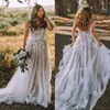 Bohemian A-Line Wedding Dresses Spaghetti Straps Long Tulle Bridal Gowns Lace Appliques Backless Country Boho Bride Robe De Mariage Dark Nude Lining Custom