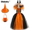 Särskilda tillfällen 2-12 år barn flicka halloween backless häxklänning med hatt pumpa väska fancy flickor cosplay maskerad party prom tyll 220922